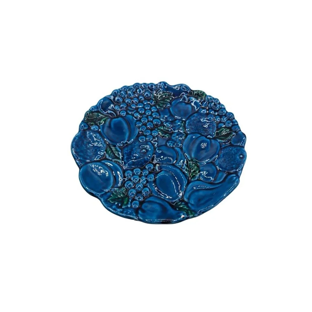 Vintage MCM Inarco Blue Mood Pedestal Cake Plate Dessert Tray Textured Fruit